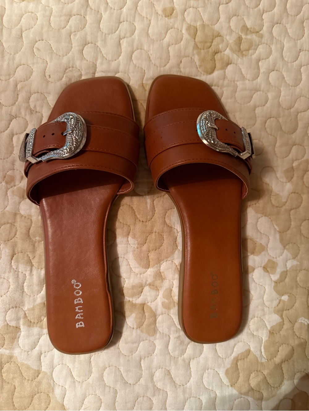 BAMBOO Brown Slide Sandals with Silver Western Buckles